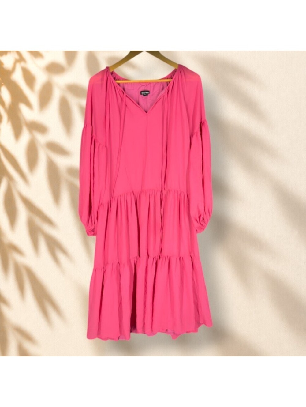 Boohoo Dress Women 4 Pink Shift Midi V-Neck Tasseled Long Sleeve Lined Casual
